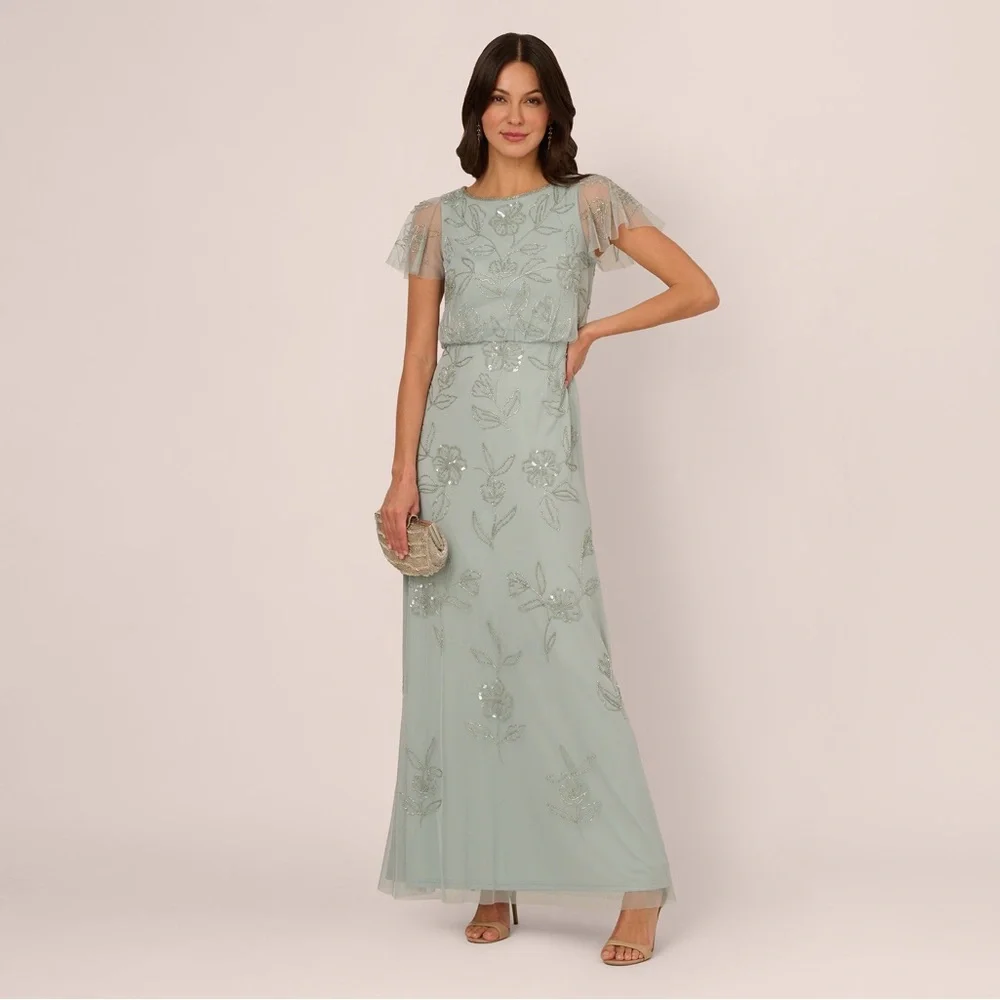 Adrianna Papell Sage Green Beaded Floral Maxi Gown Size 12 NWT GALA MOB Formal